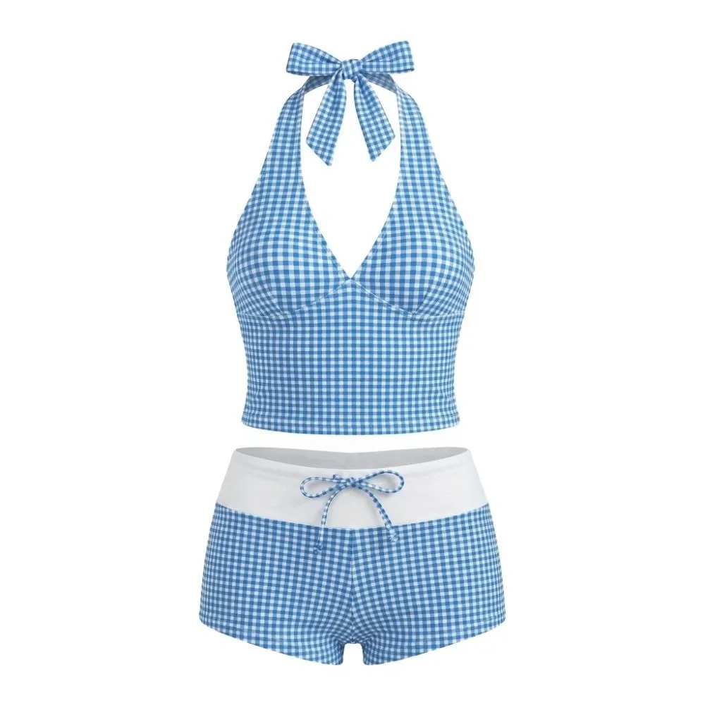 

Модный купальник-бикини из двух частей с лямкой через шею, в стиле Y2K, облегающий, в клетку, с V-образным вырезом, летняя пляжная одежда