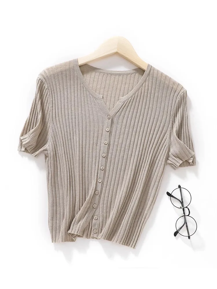 夏アイスヘンプニット半袖オープンカーディガンレディースTシャツトップハイウエストショートスタイルシンプル多用途スリムフィット小さめシャツ