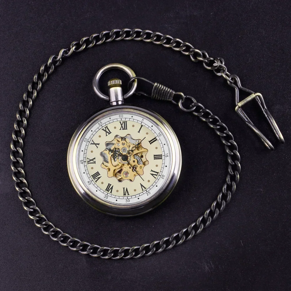 Römische Ziffern mechanische Taschenuhr Hand aufzug Steampunk coole Tasche Anhänger Uhr für Männer Frauen mit Anhänger kette