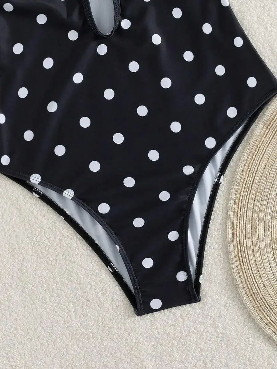 

Women Black White Polka Dot Criss-Cross Backless One-Piece Swimsuit