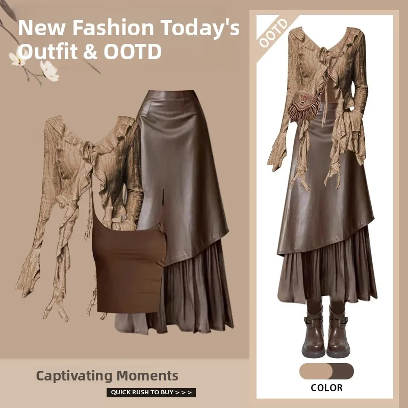 

Весенняя новинка: женский модный комплект с топом на бретелях, кожаной юбкой и футболкой с длинным рукавом, V-образным вырезом и защитой от УФ-излучения