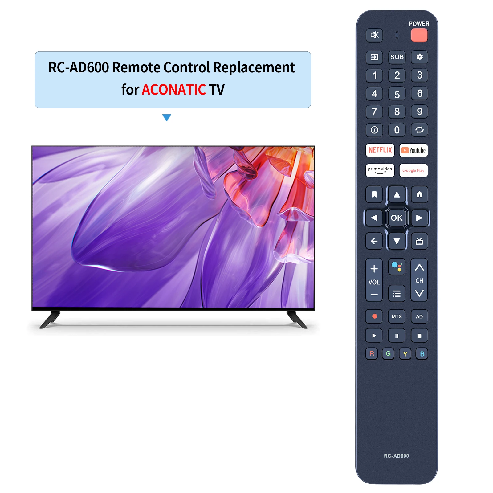 New Replacement Remote Control For ACONATIC RC-AD600 TV No Voice