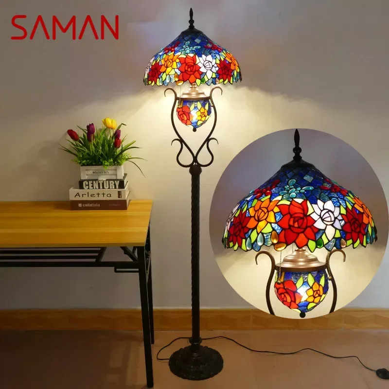 

SAMAN Tiffany Floor Lamp American Retro Living Room Bedroom Lamp Country Stained Glass Floor Lamp