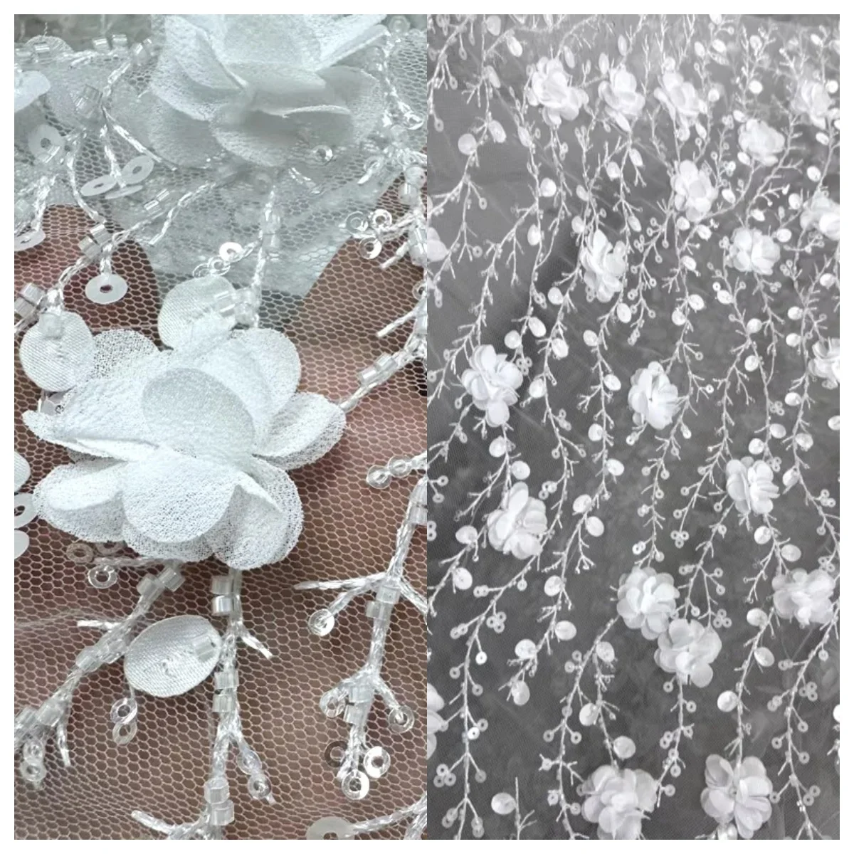Elegant White 3D Flower Mesh Fabric Featuring Beaded Sequins And Appliqué Design For High-End Wedding Dress Veil And Formal Wear