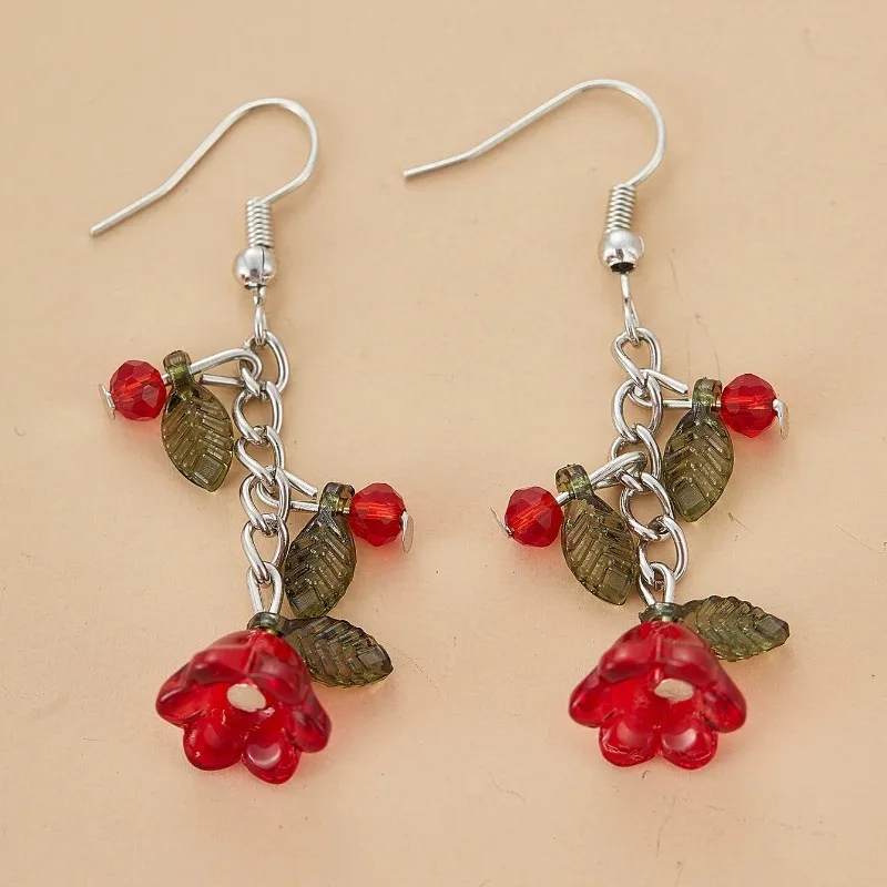 Sweet Romantic Y2K Fashion Creative Red Flower Pendant Earrings Ladies Elegant Temperament Party Girlfriend Wife Gift Daily Wear