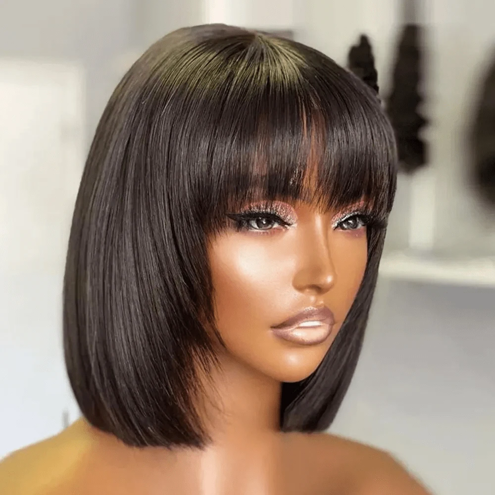 

Straight Human Hair Wig 3x1 HD Lace Closure Short Bob Wigs With Bangs Machine Made Wigs Natural Color Remy Hair Fringe Wigs