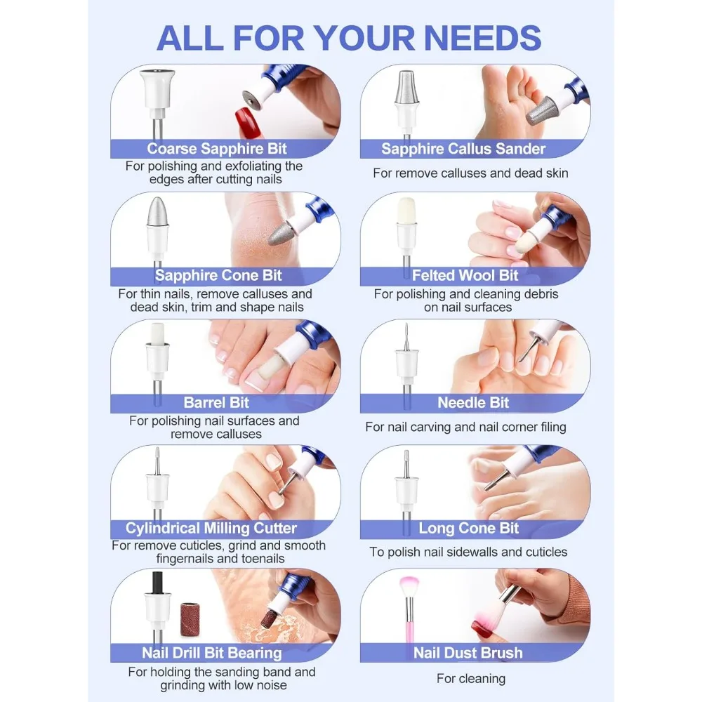 Profesjonalny zestaw do manicure i pedicure Subay, elektryczny frezarka do paznokci z wyświetlaczem LED, 25000 obr./min, 11 elementów plus 20 szlifów