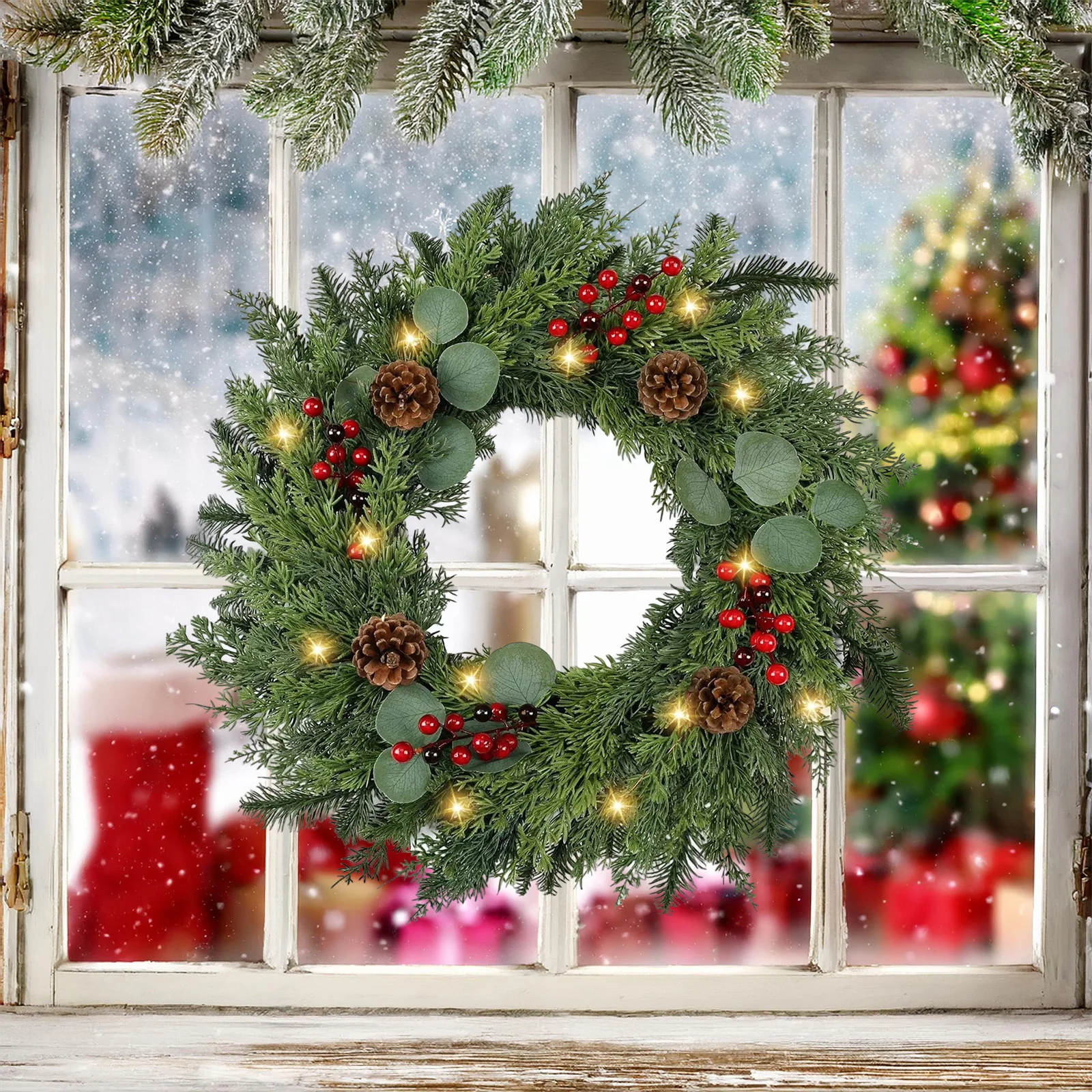 High Quality QiYing Victory American Style Plastic Christmas Semi-handmade Pinecone Wreaths Door Hangings Decorative Wreath