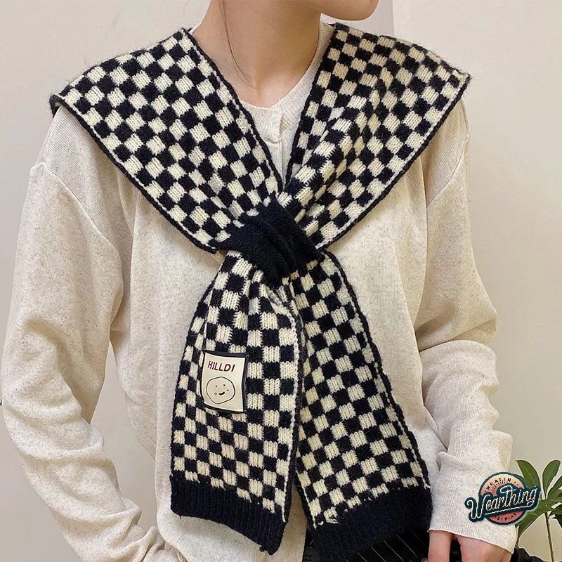 

Korean Style Wool Knitted Warm Shawl Winter Blouse Shoulder Fake Collar Cloak Knitted Scarf Houndstooth Neck Scarf