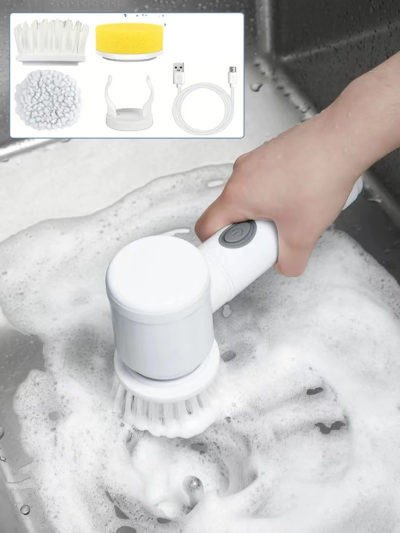 Electric Spin Scrubber com 3 substituição Brush Heads, Poder Cordless Cozinha Scrubber, Banheiro e Material Escolar