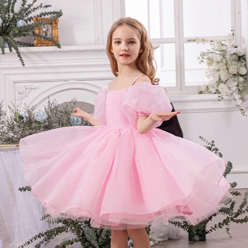 

Big Bow Children Puff Sleeve Princess Dress Bubble Tutu Birthday Party Gown Performance Pageant Formal Celebration Girls Outfit