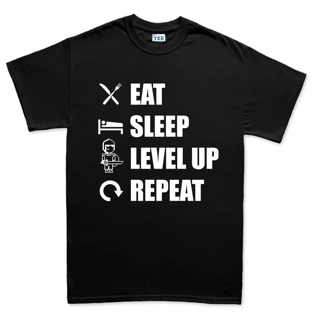 Mens Eat Sleep Level Up Repeat Funny Gaming T Shirt Top