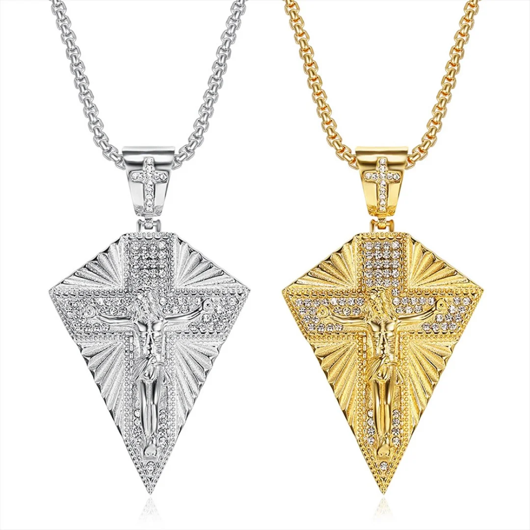 

Religious Iced Out Bling Big Jesus Cross Pendant Male Gold Color Stainless Steel Zirconia Crucifix Necklace for Man Jewelry Gift