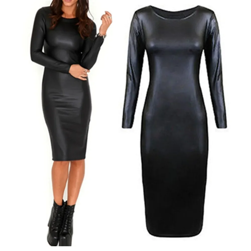 Women Gothic Clubwear PU Dress Long Sleeve O-Neck Zipper Pvc Faux Leather Dress