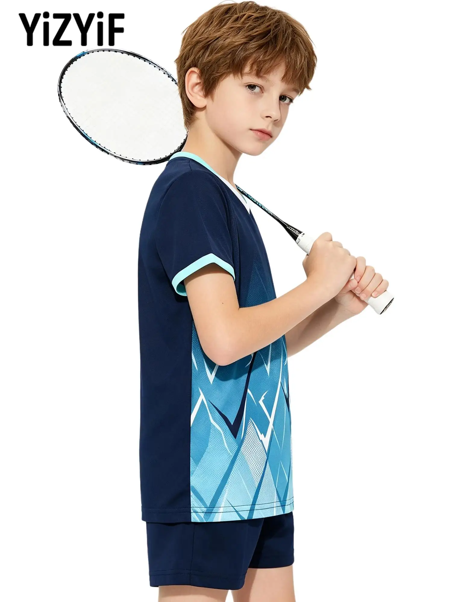 Boys Girls Quick Dry Short Sleeve Top and Drawstring Shorts Set for Badminton Football Training Sports Gym Summer