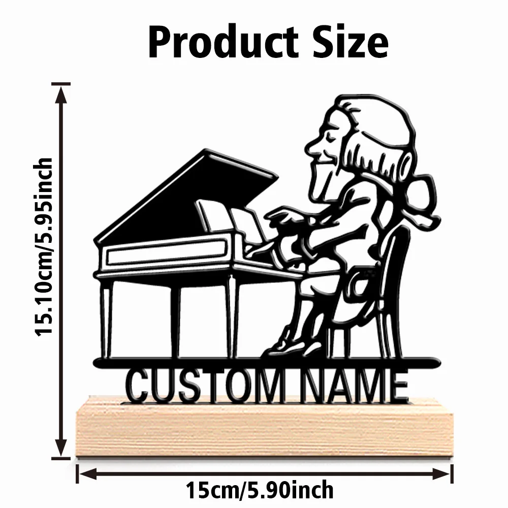 1pc Cartoon Personalized Custom Pianist Metal Statues Outdoor Desk Sculpture With Wooden Base, Ideal For Campers, Hikers, Nature