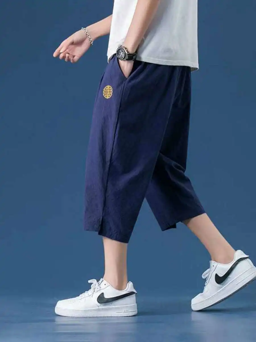 New Men's Cotton Linen Seven-Foot Pants Summer Thin ort Casual Loose Sports High Waist Spring Season Lightweight Breathable