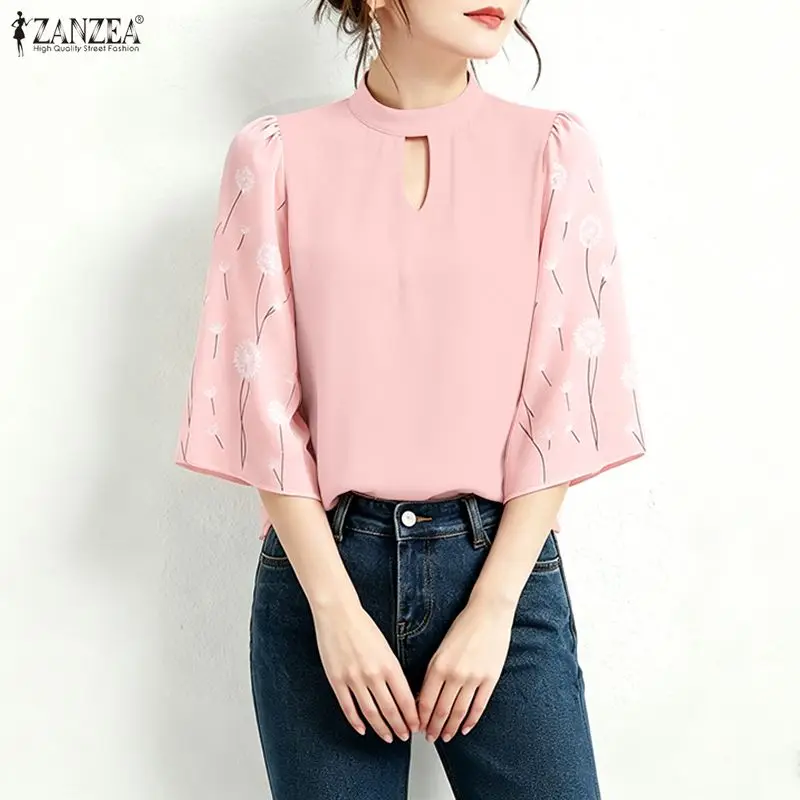 

2026 Summer Floral Printed Blouse ZANZEA Elegant Women Stand Neck 3/4 Sleeve Work Tops Stylish Cut Out Holiday Shirt Mujer Femme
