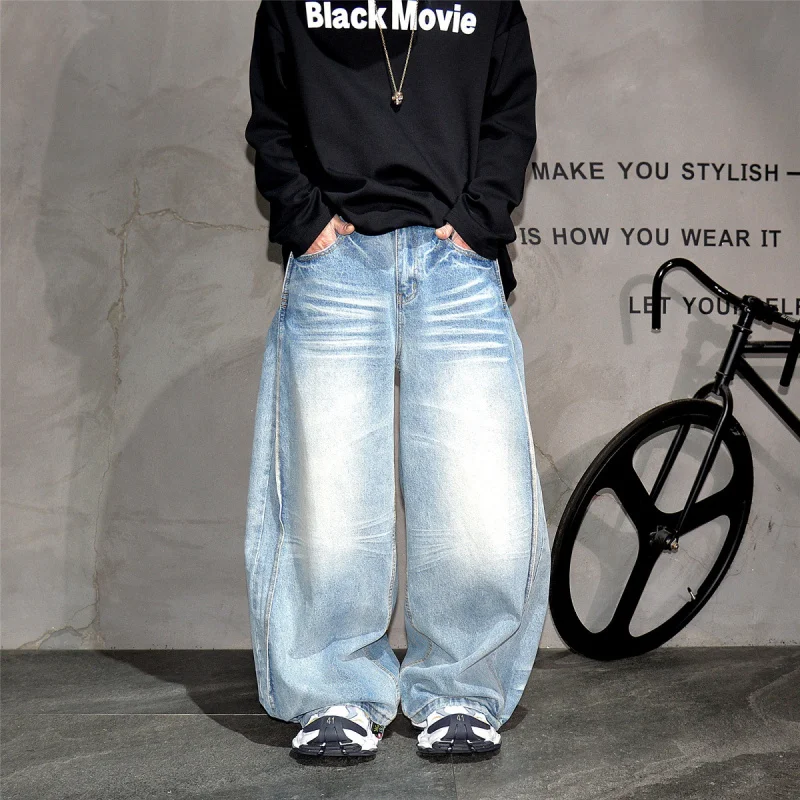 

Мужские джинсы с широкими изогнутыми штанинами в стиле ретро, с эффектом потертости, в американском стиле Cityboy, свободные брюки с эффектом наслоения