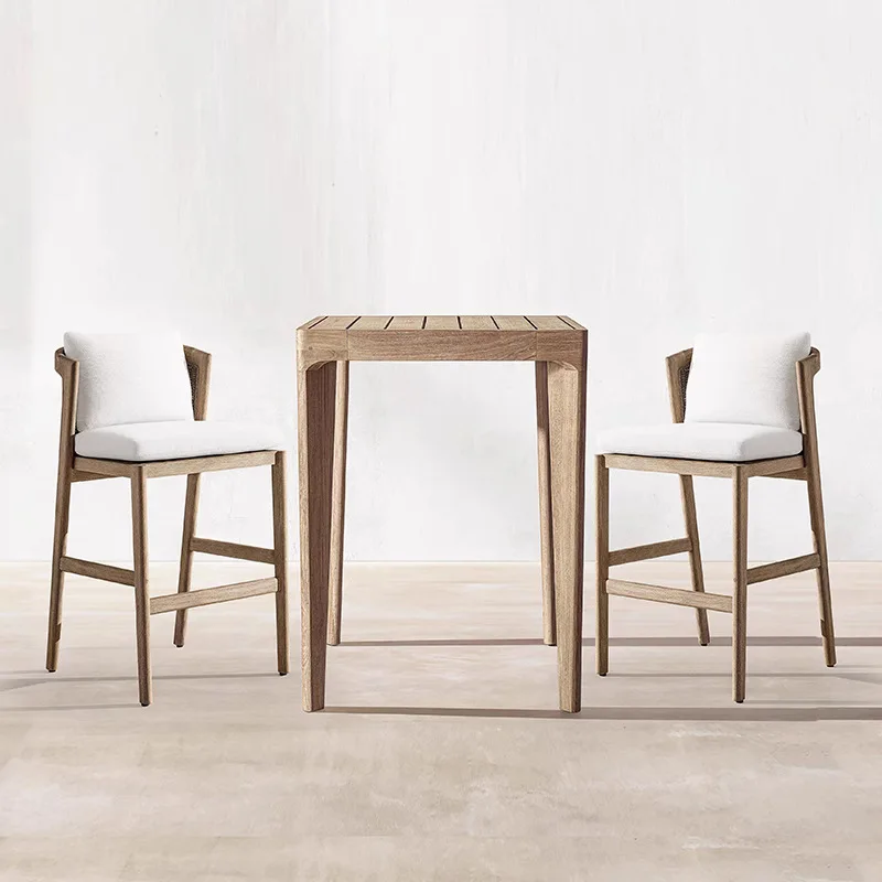 Outdoor Bar Chair Antiseptic Wood Open-air Villa High Stool Bar Outdoor Rattan Bar Chair Courtyard High Chair Bench