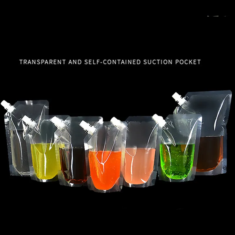 30Pcs Plastic Flasks Stand Up Drink Bag Transparent Nozzle Bag Concealable and Reusable Drink Pouches for Travel 250/380/500ml