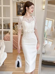 New Sweet White Slim Split Midi Pencil Dress Ladies Sheer Embroidery Lace Splice Flower Gown Party Robe Femme Vestidos Casual