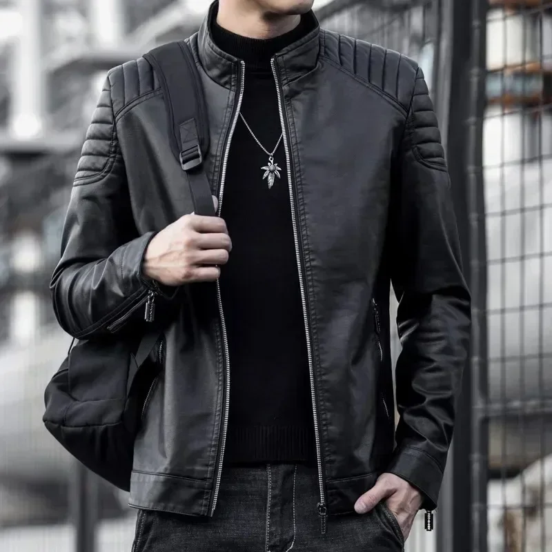 NEUE Frühlings-Motorradjacke aus PU-Leder für Herren, Lederjacke mit Stehkragen, lässiger Windbreaker, trendige Herrenbekleidung – Detail 6