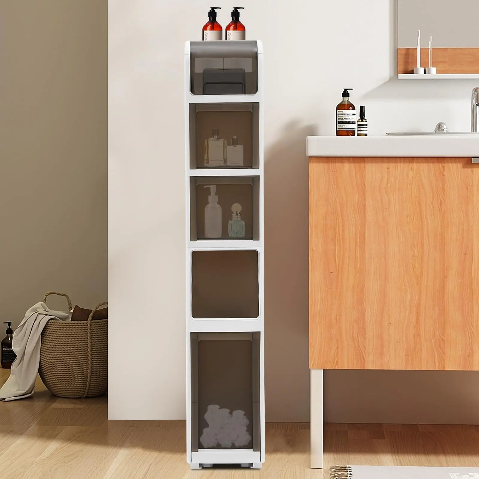 خزانة حمام دوارة مكونة من 5 طبقات مع صندوق، وخزانة تخزين أرضية مع عجلات وأدراج تخزين متنقلة بسعة كبيرة