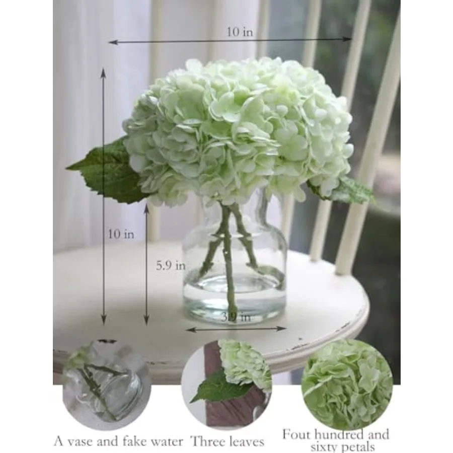 Hydrangea Artificial Flowers in Vase, Dining Table Centerpiece Real Touch, Vase and Faux Water Included, Ready to Display, Eleg