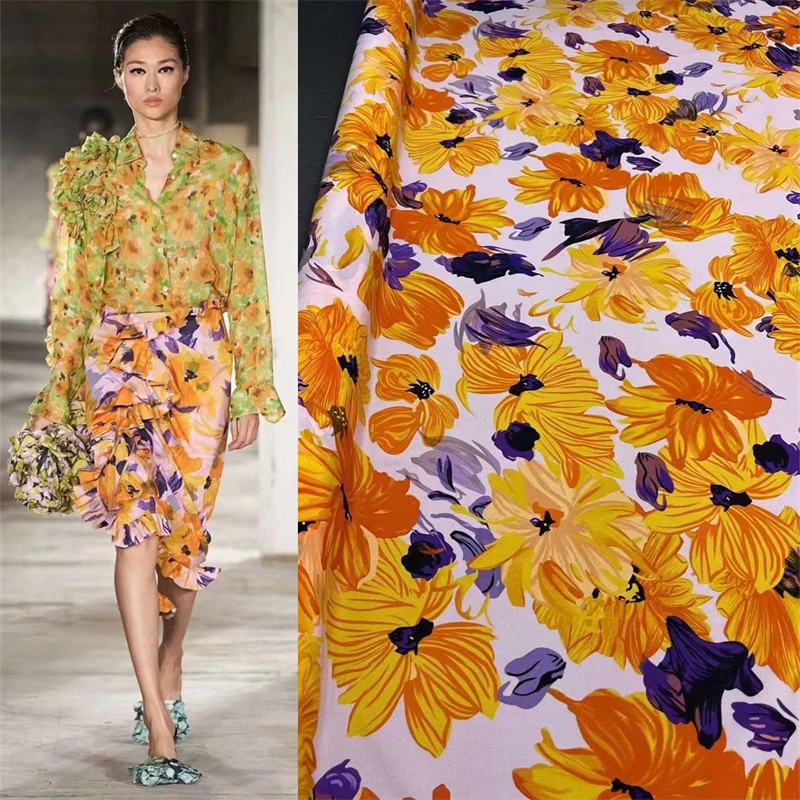 

Yellow Passionate Sunflower 96% Silk% Spandex Elastic Satin Crepe Fabric Big Brand Shirt Skirt Mulberry Silk Fabric By The Meter