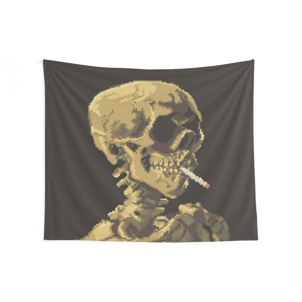 Van Gogh Pixel Art - Skull of a Skeleton with Burning Cigarette Tapestry Home Decor Aesthetic Mushroom Tapestry