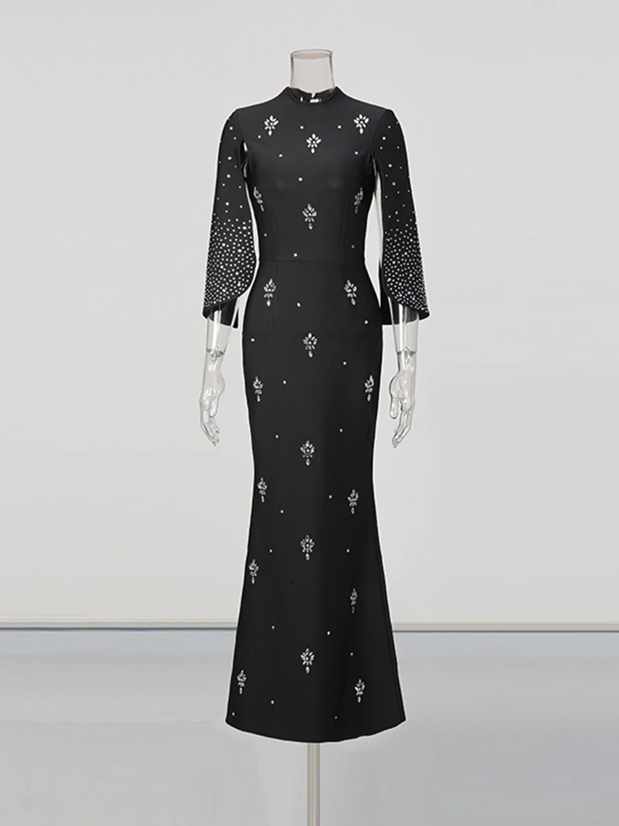 CHICEVER Black Spliced Diamonds Dress Female O Neck Half Sleeve Slimming French Intellectual Women's Dresses Summer Fashion New
