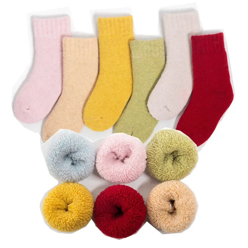 Baby Socks Warm Velvet Plush Thick Pit Pattern Children Boys and Girls Solid Color Mid Tube Terry Sock Accessories Autumn Winter