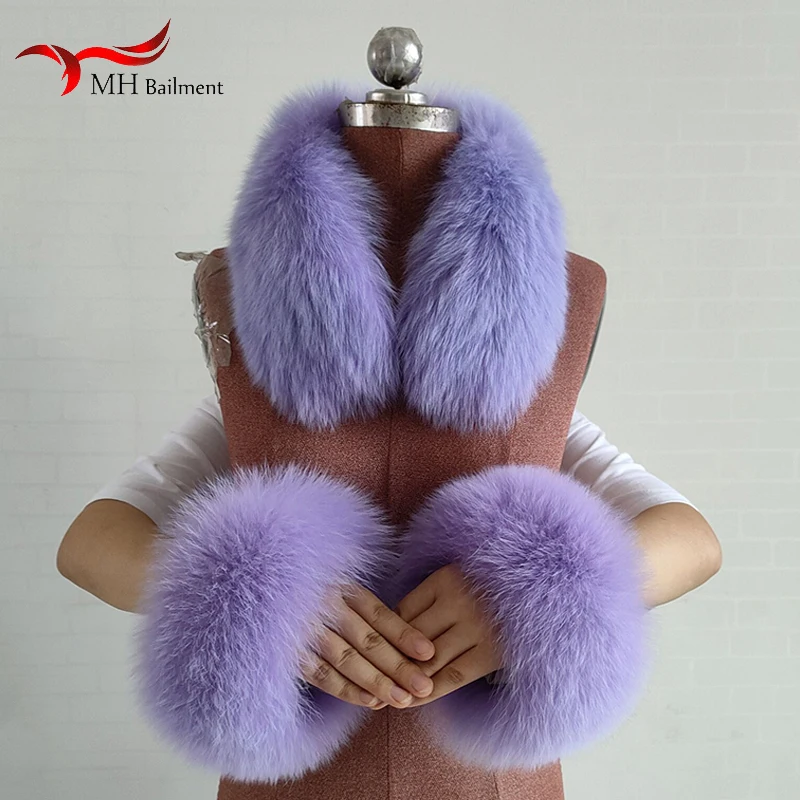 2023 New Fox Fur Square Collars Real Fur Cuffs Sets Women Winter Thick Warm Fashion Scarves Cuff Match Overcoats Accessory