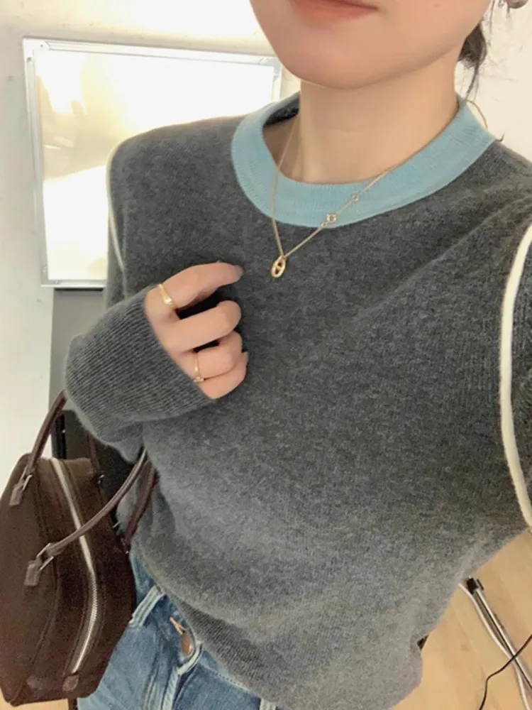

Half High Neck Chestnut Top Women'S Autumn And Winter Contrasting Design Small Round Neck Slim Fit Base Knitted Sweater