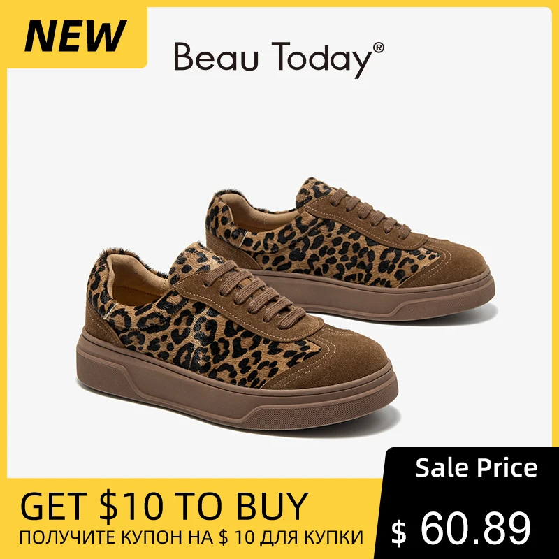 BEAUTODAY Fashion Leopard Sneakers Women Cow Suede Lace-up Round Toe Patchwork Ladies Shoes Handmade 29895