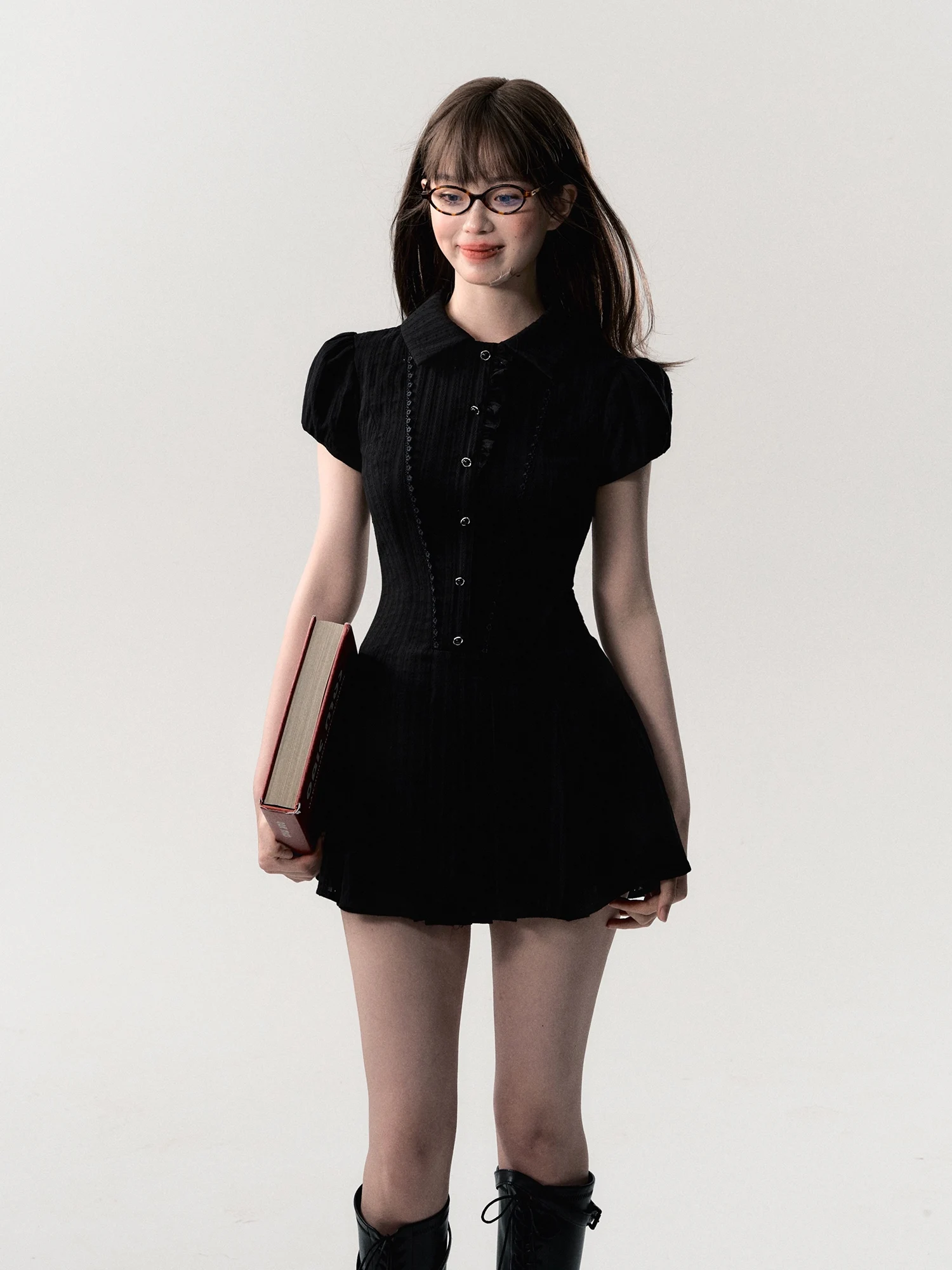 High Quality Dress Elegant Sexy Lace Decoration Retro Dress Vestido Y2k A-line Short Sleeved Shirt Skirt Commuting College Style