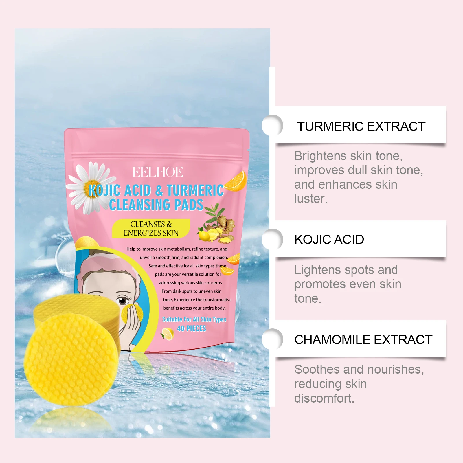 40pcs Turmeric Kojic Acid Cleansing Pad Gentle Cleansing Exfoliating Pads Fades Dark Spots Brightens Daily Cleansing Skin Care image 3
