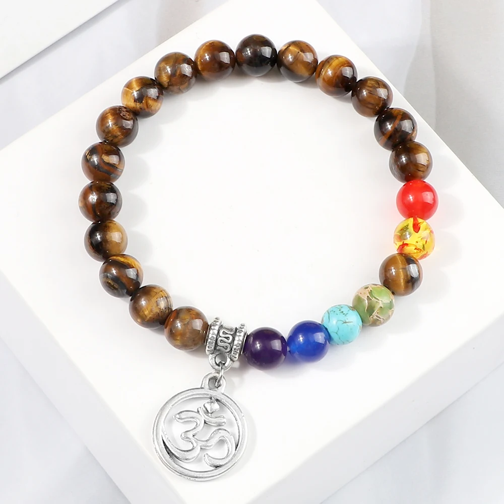 Pulseira de chakra reiki, bracelete de pedra natural com pingente de yoga em formato de chakra para mulheres e homens