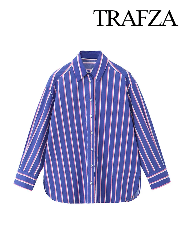 

TRAFZA Women Fashion Blouses Purple Stripe Turn-Down Collar Long Sleeves Single Breasted Female Summer High Street Shirts Traf