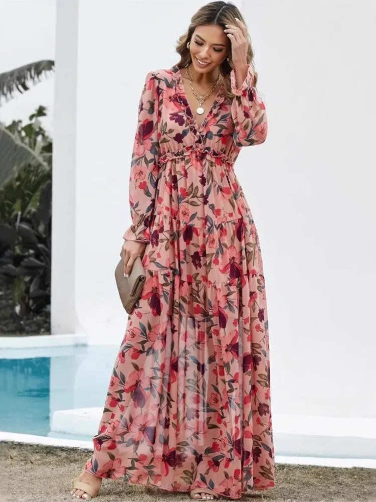 

2025 Fashion Flora Printed Long Dress Women's Elegant Evening Gown Dress Attractive Style Temperament Commuter Evening Dress