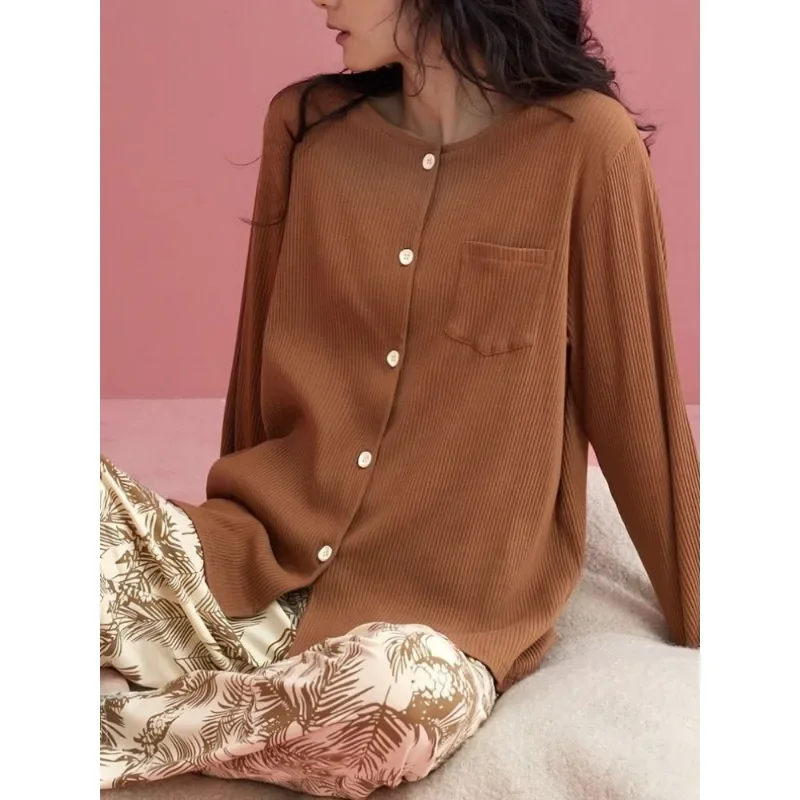 Ensemble de pyjama en coton à manches longues avec coussin de poitrine pour femmes, cardigan coréen, vêtements d'intérieur de style coréen, vêtements de nuit, printemps et automne, été, nouveau