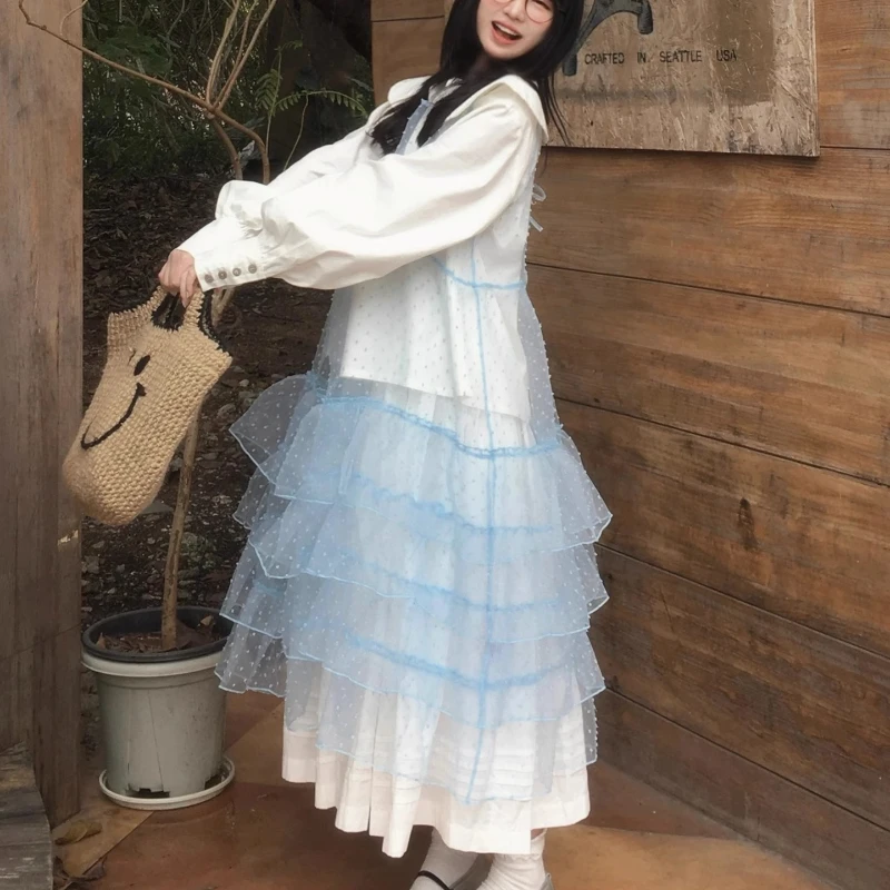 Japonês azul bordado bolinhas organza vestido feminino design original empilhado tule dupla camada plissado borda vestidos senhoras