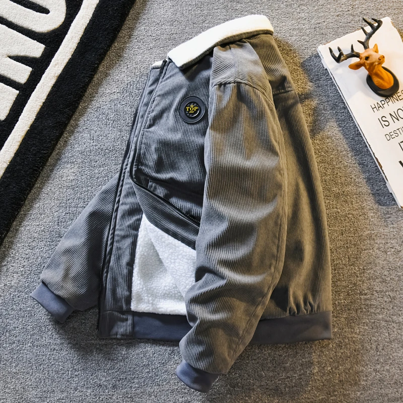 

Men's Slim Fit Corduroy Work Jaet Lamb Fur Collar Outerwear Fce Lined Thiened Cotton Coat Korean Sle Autumn Winter