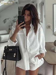 Clacive Fashion Loose Stripe Print Women's Blouse 2025 Casual Lapel Long Slleeve Shirts Elegant Classic Top Female Clothing