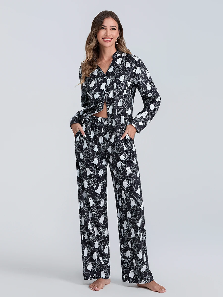 Frauen Halloween Pyjama Set Ghost Print Revers Hals Langarm Tops elastische Taille Hosen mit Taschen für den Frühling Herbst