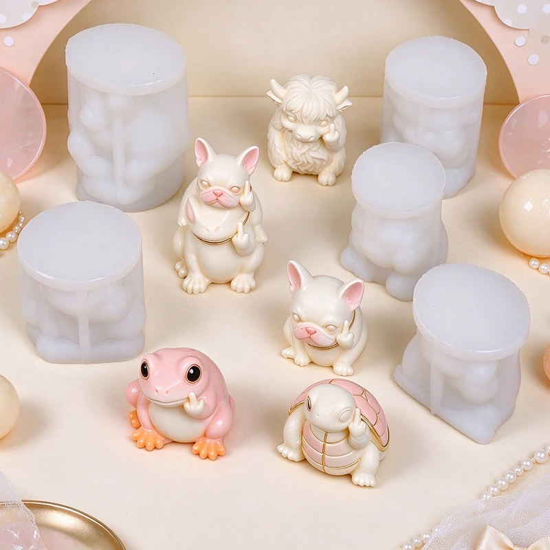 Funny Middle Finger Animal Silicone Mold French Bulldog Highland Cow Tortoise Frog Candle Aromatherapy Gypsum Craft Mold