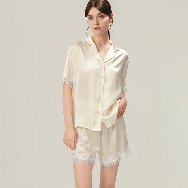 19MM 100% Mulberry Silk Lace Trim Short Pajama Set Women Shorts Sleepwear Two Piece Lapel Cardigan Pajamas Loungewear for Summer