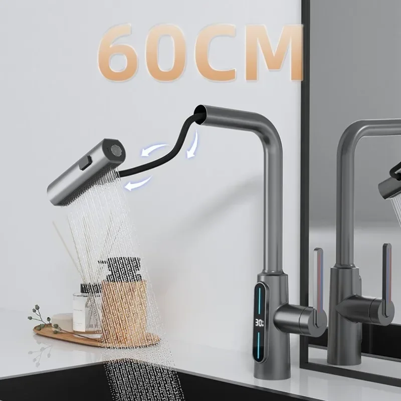 YYHC-Temperature Digital Display Waterfall Pull Out Rain Sink Tap Brass Hot Cold Water Mixer Kitchen Faucet