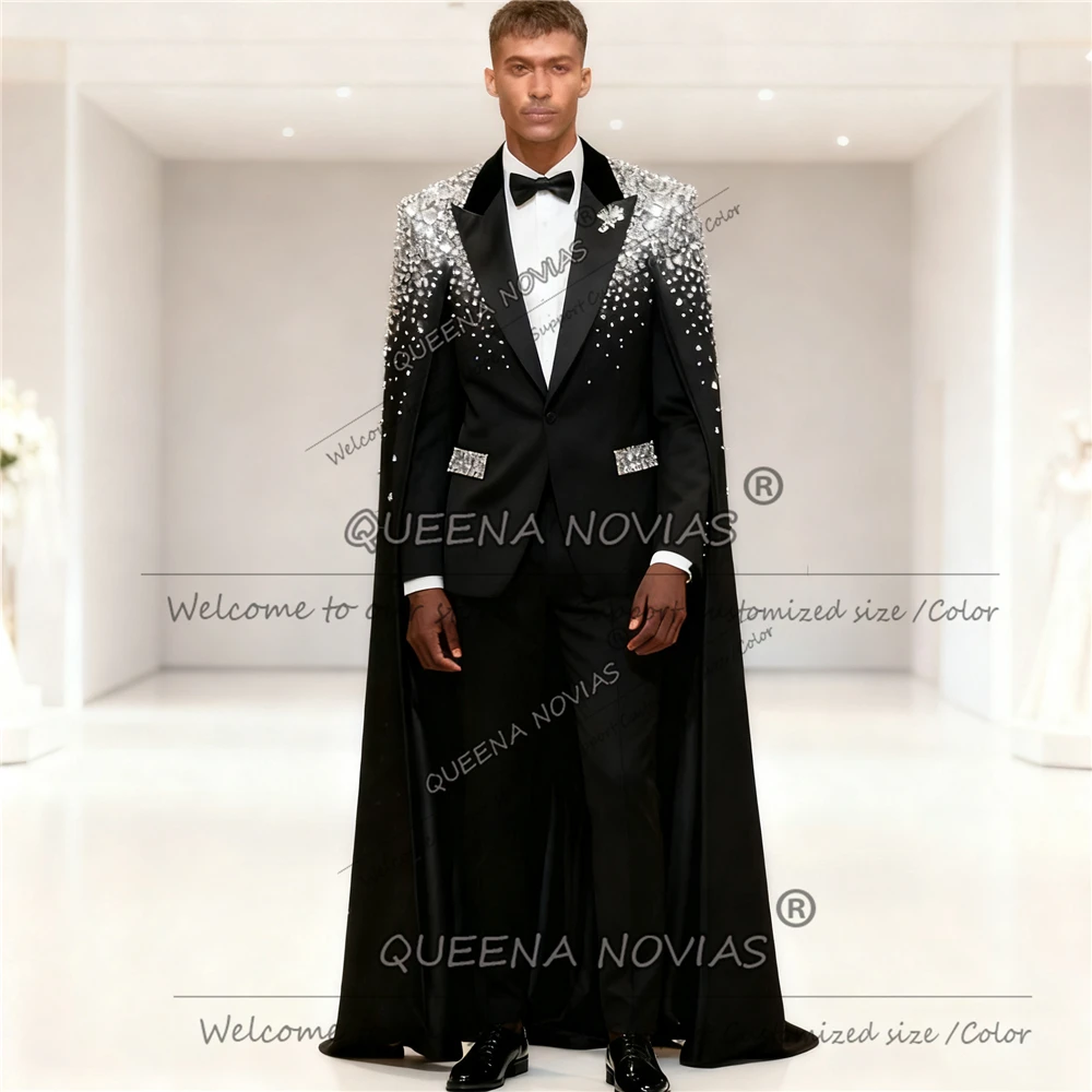 Modische Diamant-Perlen-Bräutigam-Hochzeits-Smoking, einreihige Jacke mit Umhang, lang, maßgeschneidert, 2-teilig, Bankett-Herrenanzug